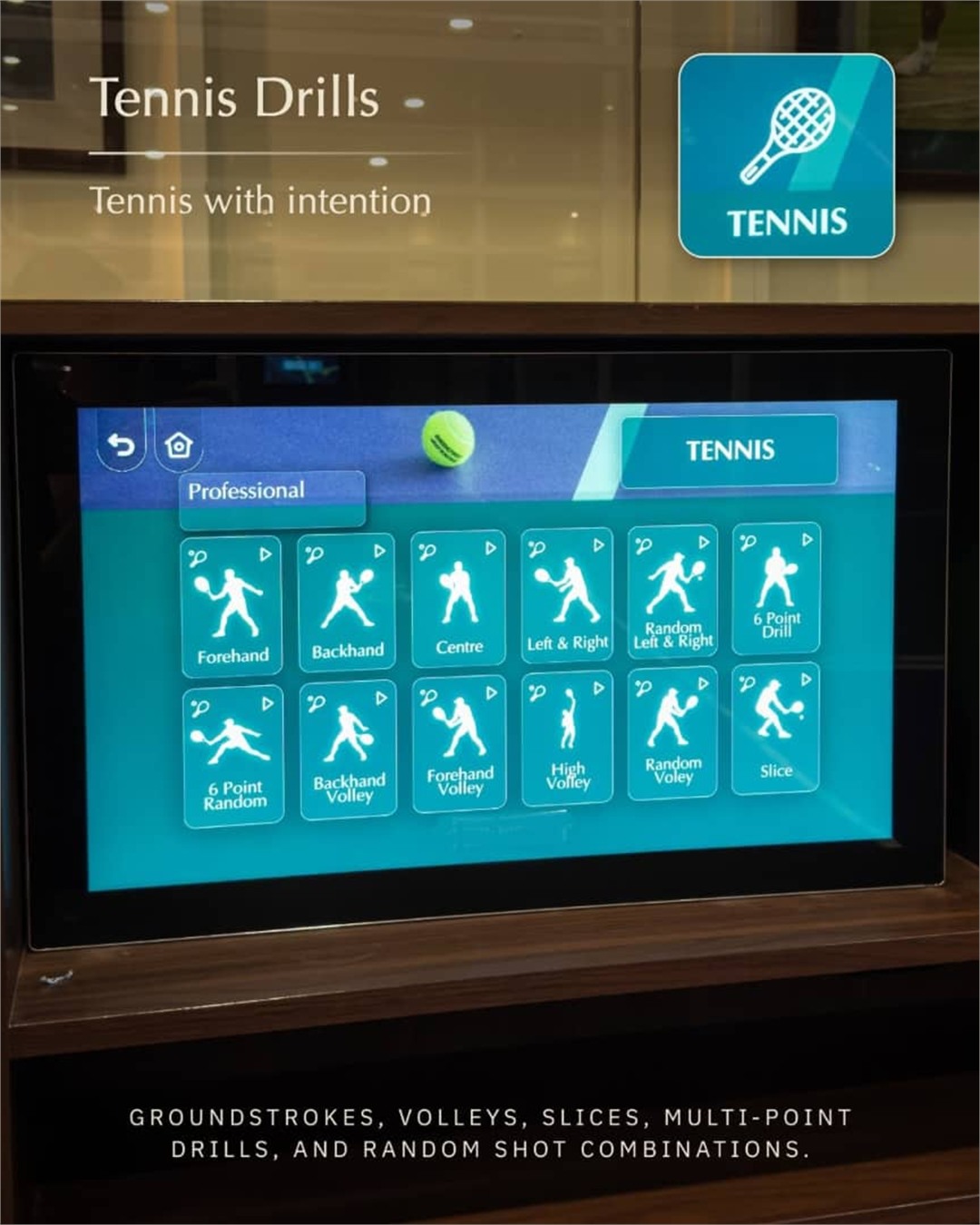 Tennis drills: groundstrokes, volleys, slices, multi-point drills and random shot combinations.