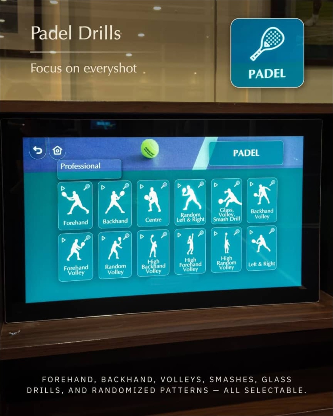 Padel drills: forehand, backhand, volleys, smashes, glass drills and randomised patterns.